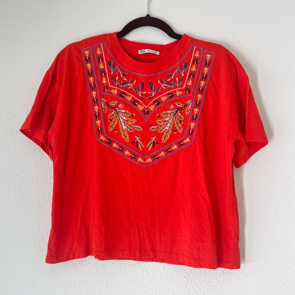 Zara Red Embroidered T-shirt
